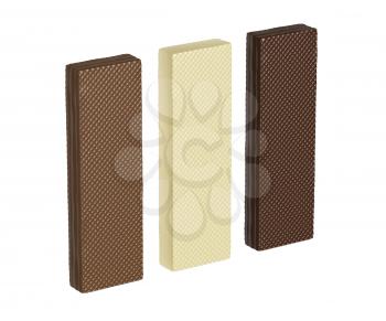 White, brown and dark chocolate wafers, isolated on white background
