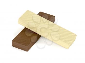White and brown chocolate wafers on white background