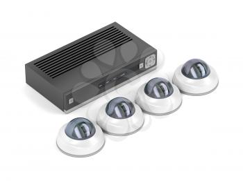 Four dome security cameras and digital video recorder on white background