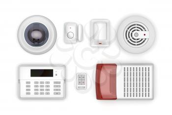 Security electronic devices on white background, top view 