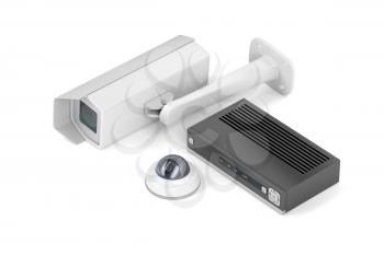Digital video recorder and two surveillance cameras on white background
