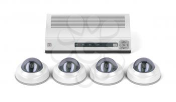 Digital video recorder and dome surveillance cameras on white background
