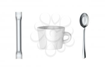 Coffee cup and sachet with sugar or creamer and silver spoon, isolated on white background