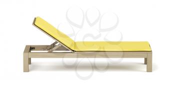 Wooden beach lounger with yellow mattress on white background 