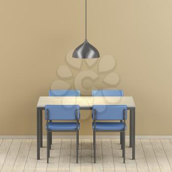 Dining room with wood table and blue leather chairs