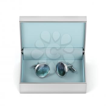 Box with silver cufflinks on white background, front view