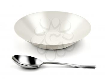 Empty bowl and silver spoon on white background