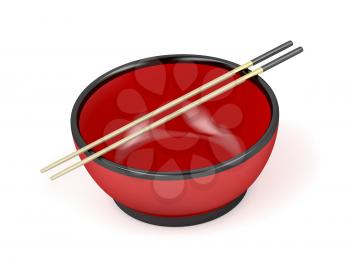 Empty bowl with a pair of chopsticks on white background