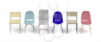 Chairs with different designs and colors on white background, front view