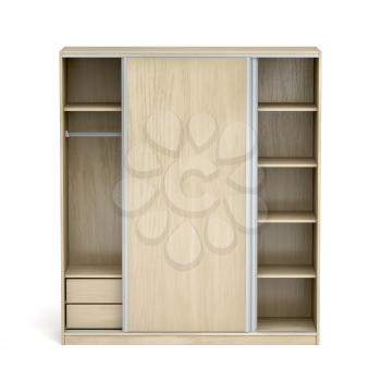 Front view of an empty wood wardrobe with sliding doors on white background
