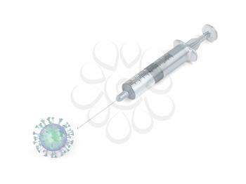 3D illustration with virus and syringe. Concept image of coronavirus disease COVID-19 pandemic.
