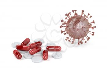Pile of capsules and pills against the virus