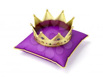 Royal gold crown on purple pillow on white background