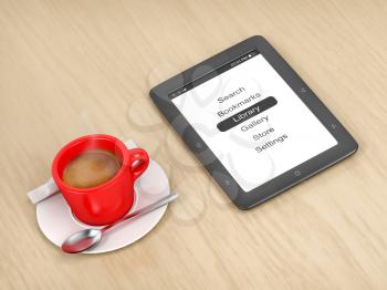 E-book reader and coffee on a wooden table