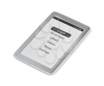 Silver e-book reader on white background