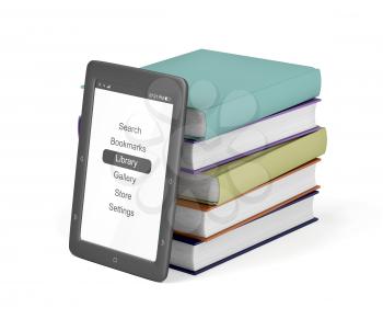 Stack of colorful books and e-book reader on white background