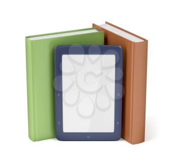 Blue e-reader and two books on white background