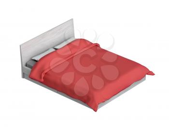 Bed with red duvet, isolated on white background