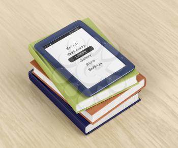 Colorful books and e-book reader on wooden table