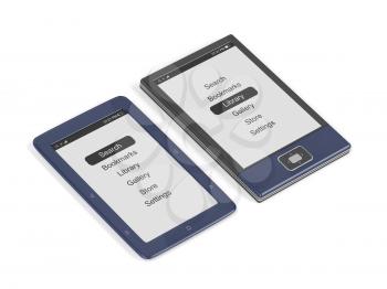 E-book readers with different designs on white background