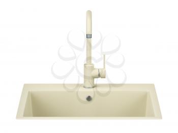 Beige kitchen sink and faucet isolated on white background, front view