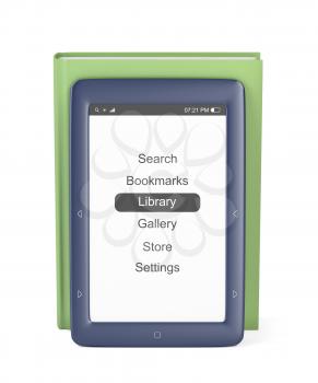 Blue e-book reader and green book on white background