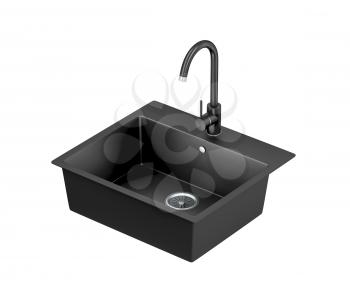 Black quartz kitchen sink and faucet isolated on white background