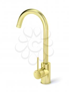 Golden kitchen faucet on white background