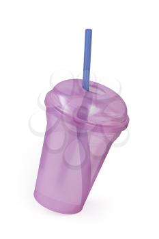 Empty disposable plastic cup for cold drinks with a straw