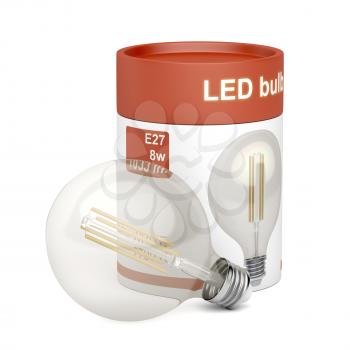 LED light bulb with plastic box on white background