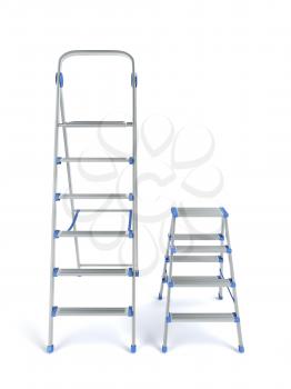 Two aluminum stepladders with different sizes on white background