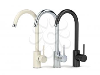 Modern kitchen faucets with different colors and materials. Beige, silver and black.