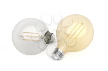 Two decorative LED bulbs with different color temperature on white background