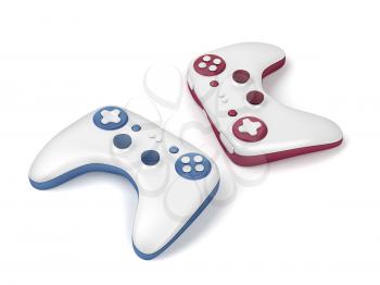 Pair of wireless gaming controllers on white background