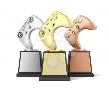 Gold, silver and bronze gamer trophies on white background
