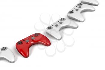 Unique red game controller in a row of white controllers