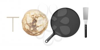 Pancake, cast iron frying pan, spatula and wooden spreader. Objects isolated on white background. 