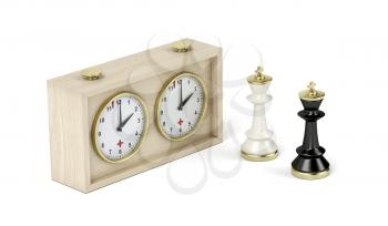 Chess kings and chess clock on white background