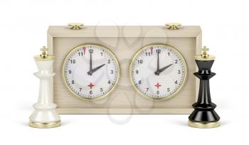 Black and white chess kings and analog chess clock on white background