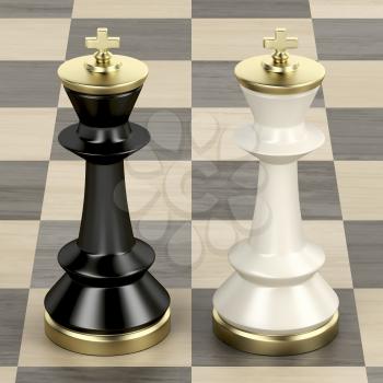 Front view of black and white chess kings on wooden chessboard