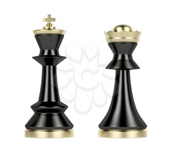 Black queen and king chess pieces on white background, front view