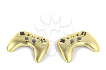 Two golden game controllers on white background