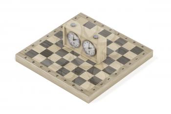 Wooden chess board and analog chess clock on white background