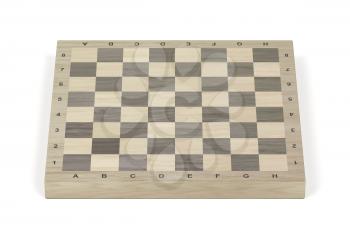 Wooden chess board on white background, front view