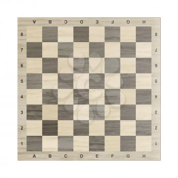 Wooden chessboard on white background, top view