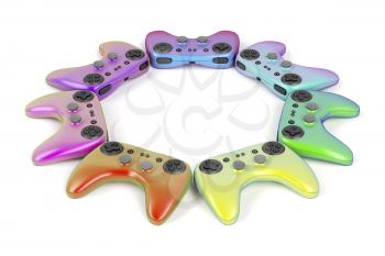 Wireless game controllers with different colors on white background