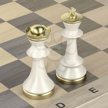 White queen and king chess pieces on wooden chess board