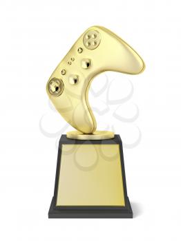 Gold video gaming trophy on white background, front view
