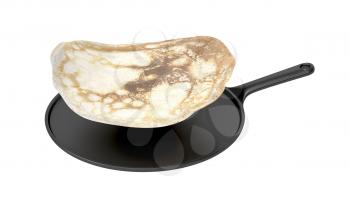 Frying pan with flying pancake, isolated on white background