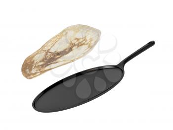 Frying pan with pancake, isolated on white background